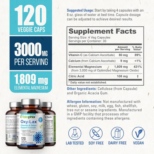 Miniatura 5 de biophix Oxy-Lax 750 mg 120 Vcaps - Laxantes naturales para el estreñimiento ocasional - Laxante de magnesio con magnesio oxigenado - Limpieza