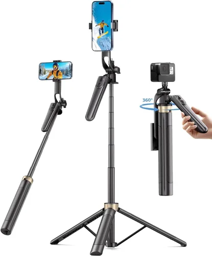 Trípode de teléfono de 72 pulgadas, trípode para iPhone con control remoto inalámbrico, palo selfie portátil para iPhone, transmisión en vivo, Negro