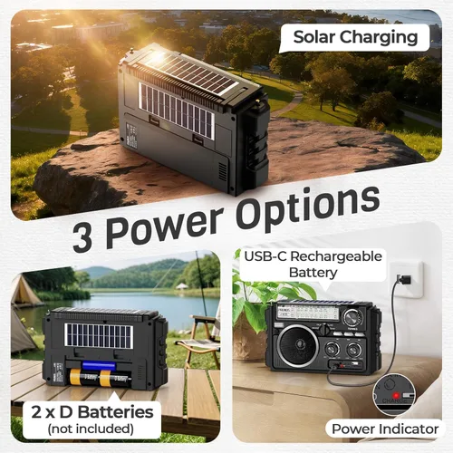 Miniatura 3 de PRUNUS J-02 Radio portátil AM FM SW Bluetooth, doble antena, batería solar/D/USB recargable, compatible con tarjeta TF/reproducción USB, radio