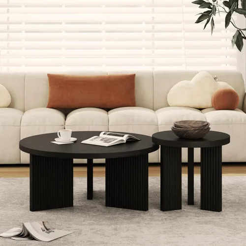 Miniatura 20 de Mesa de café redonda de madera, mesa de café de 35" con mesa gruesa y lisa, mesa central baja circular con patas estables en forma de X, mesa de té
