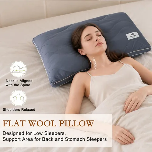 Miniatura 5 de YOUR MOON - Almohada Suave de Lana Orgánica Queen, Almohada Plana y Delgada de Lana para Dormir, Almohada de Cama de Bajo Volumen para Espalda