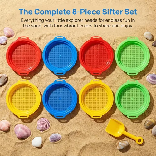Miniatura 8 de Paquete de 8 tamices de arena para niños, juguetes de playa, 9.75 x 8.75 pulgadas, colador de arena de plástico para jardinería, excavación