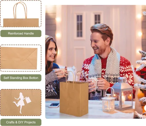 Miniatura 7 de Brothersbox Bolsas de regalo marrones con asas, 100 unidades, 8 * 4.76 * 10 pulgadas, bolsas de papel kraft medianas a granel para manualidades