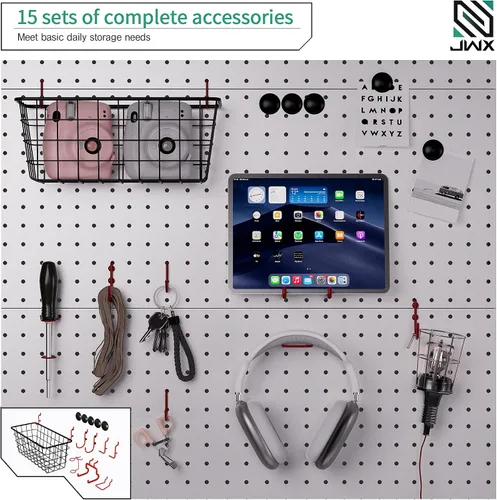 Miniatura 8 de JWX Unidad de Estantería con Tablero Perforado de Pie, Gabinetes Blancos Gaming Hogar Oficina Garaje con Tablero Perforado de Metal y 15 Piezas