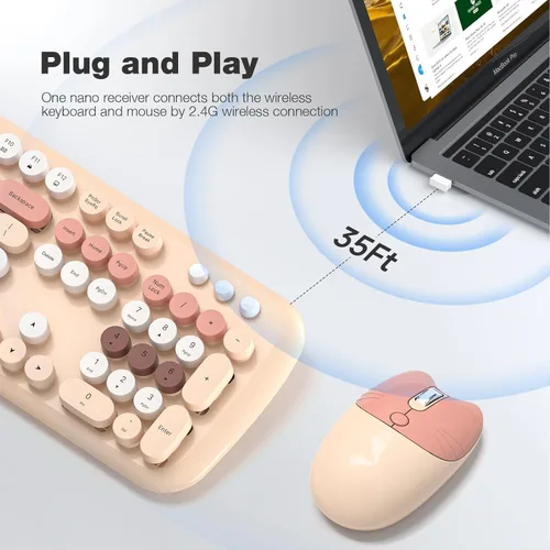 Miniatura 92 de KNOWSQT Combo de teclado y ratón inalámbrico, teclados lindos de tamaño completo estilo máquina de escribir 2.4G azul colorido - receptor USB Plug