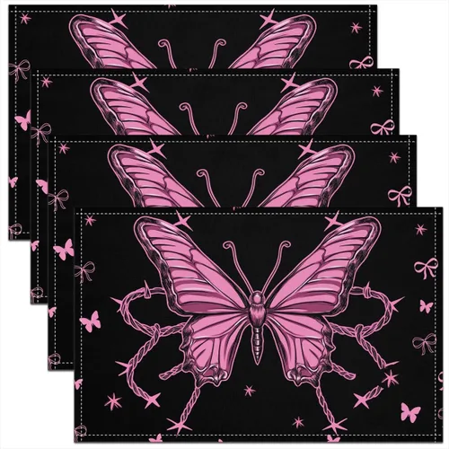 Miniatura 10 de Juego de 4 manteles individuales con diseño de mariposas y animales voladores de noche de ensueño de 12 x 18 pulgadas para mesa de cocina, tapetes