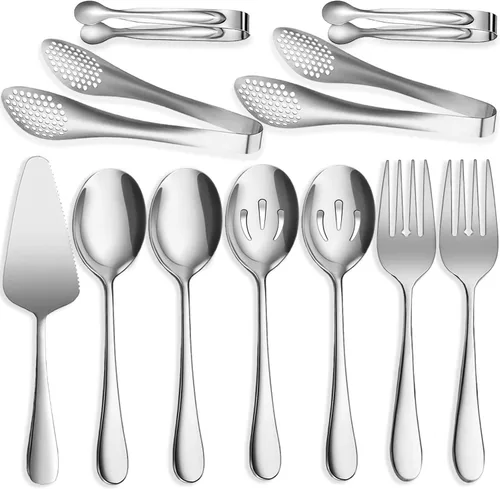 Miniatura 15 de 10 utensilios de acero inoxidable para servir, grandes cucharas ranuradas, tenedores de servir, pinzas para servir, pinzas para azúcar, juego