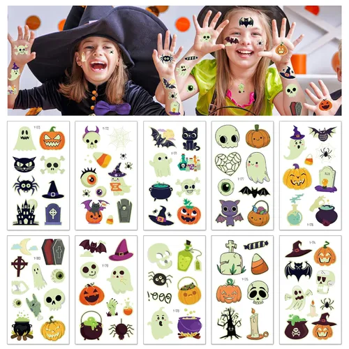Miniatura 2 de Ozepao Juego de 10 hojas de calcomanías temporales de tatuaje de Halloween, 88 diseños únicos con calabazas, calaveras, esqueletos, fantasmas