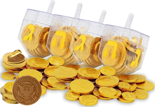 Miniatura 7 de The Dreidel Company Paquete de 6 Dreidel rellenos de monedas de gel de chocolate de Hanukkah, gelt de leche de Janucá, con menorá y diseño Dreidel