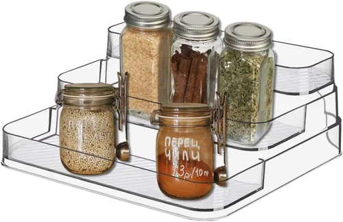 Miniatura 2 de 2 piezas de estante acrílico, sin ensamblaje, estante de botellas de condimentos de 3 niveles transparente, organizador de tocador para gabinete