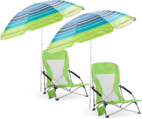 Miniatura 11 de Huwena Paquete de 2 sillas de playa con paraguas para adultos, juego de sillas plegables bajas, paraguas desmontable ajustable, ligero portátil