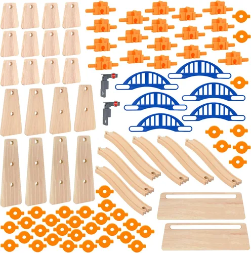 Accesorios de madera para vías de tren Build & Play, 90 piezas de juguetes STEM de ferrocarril elevados, paquete de expansión de pistas ascendentes,