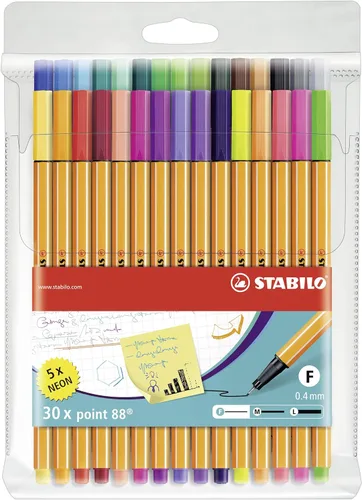 Bolígrafos Stabilo, artículos 8830, 1 punta fina 88, punto-30, cartera de bolígrafos/marcadores de linea fina incluidos, 30 colores únicos. Paquete