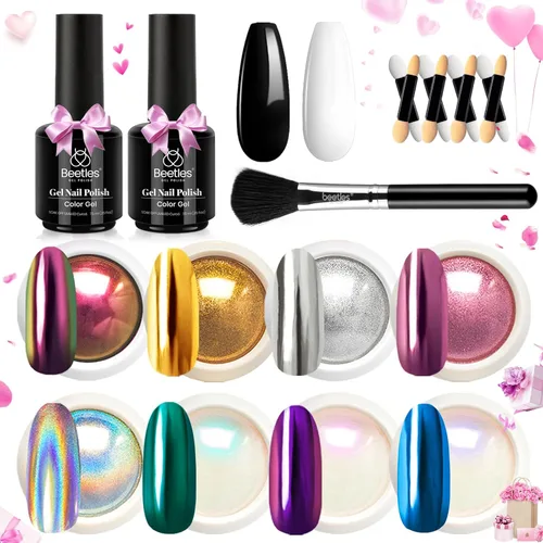 Miniatura 12 de Beetles - Polvo cromado para uñas, efecto espejo metálico, holográfico aurora, sirena perla, brillantina, polvo cromado para uñas de gel, manicura