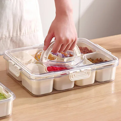 Miniatura 4 de Caja dividida para aperitivos con asa, bandeja para servir alimentos, tabla de charcutería con tapa, contenedor apilable de frutas y verduras con 8