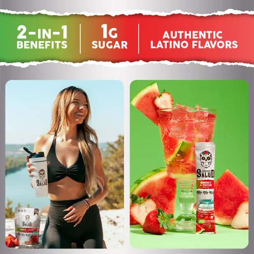 Miniatura 2 de Salud - Paquete de 2 2 en 1 Energy + Focus (sandía fresa) y energía + enfoque (guayaba) – 15 porciones cada una, mezcla de bebida Agua Fresca, sin