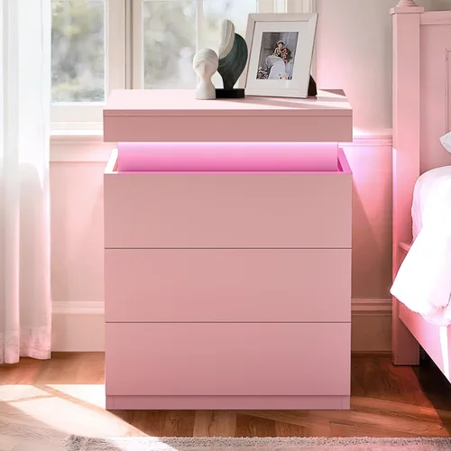 Miniatura 12 de ADORNEVE Mesita de noche con estación de carga y luces LED, mesa auxiliar con parte superior deslizante, mesa de noche con cajones, mesa lateral