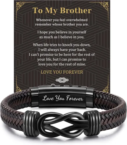 Miniatura 12 de MEALGUET Men's Bracelets Gifts for Men - Brown Braided Leather Infinity Knot Bracelets Engraved Love Massage for Son Man Husband Boyfriend, Mens