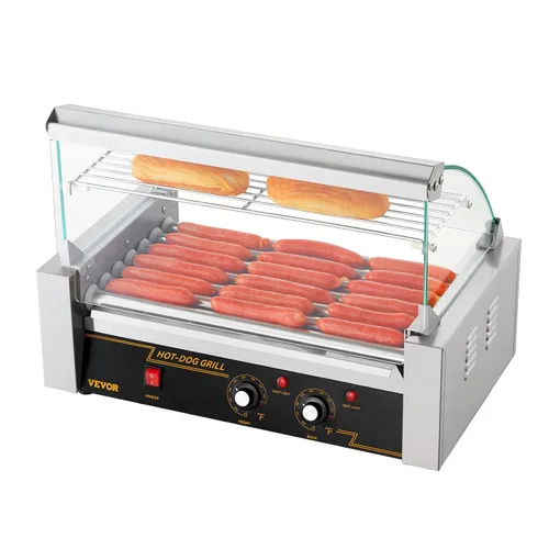 Miniatura 12 de VEVOR - Parrilla de rodillos para hot dogs y salchichas, de acero inoxidable, 1050 W, control doble de temperatura, tapa acrílica, bandeja
