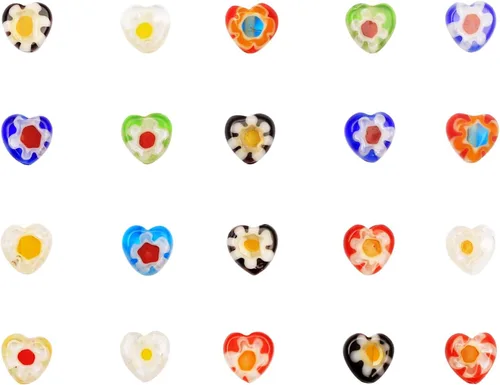 Miniatura 7 de YouLuo Millefiori Lampwork - 100 cuentas sueltas de cristal con forma de corazón, cuentas espaciadoras redondas para hacer joyas
