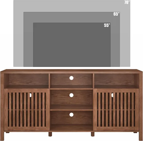 Miniatura 7 de BVIUNTWO - Soporte de TV Farmhouse marrón con puertas con rejilla, 5 compartimentos de almacenamiento abiertos, consola multimedia de 65