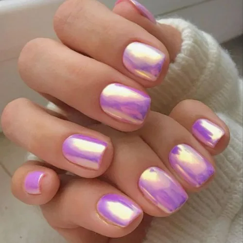 Miniatura 26 de Uñas Postizas Cuadradas de Cromo Púrpura Cortas Medianas para Presionar, KQueenest Uñas Acrílicas Falsas de Plateado Metálico Espejo para Presionar
