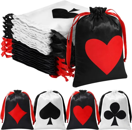 Miniatura 7 de SilTriangle 24 bolsas de regalo de fiesta de casino, decoraciones de fiesta temática de casino con cordón de Las Vegas, bolsas de póquer de satén