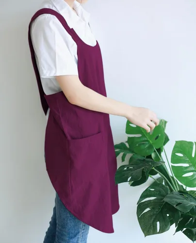 Miniatura 4 de NEWGEM - Delantales de cocina de lino japonés para mujeres y hombres, con tirantes cruzados y bolsillos, para repostería y cocina 09 - Mujer Rojo