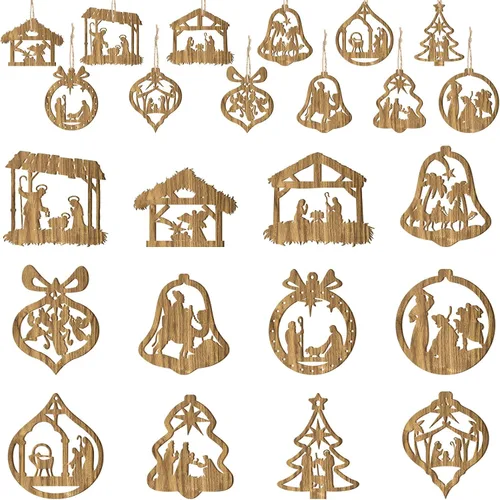 Juego de 24 adornos de madera para árbol de Navidad, decoración religiosa del nacimiento de Jesús, decoración colgante para familia cristiana (forma)