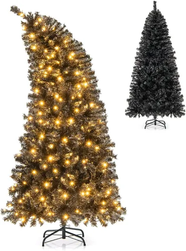Goplus Árbol de Navidad negro preiluminado de 6 pies, árbol de Halloween artificial con sección superior flexible, 726 puntas de rama, 260 luces LED