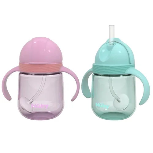 Nuby No-Spill Clik-it - Vaso de silicona para niños pequeños (paquete de 2) de 8 onzas, vaso para sorber con popote con peso 360 para niños de 1 año