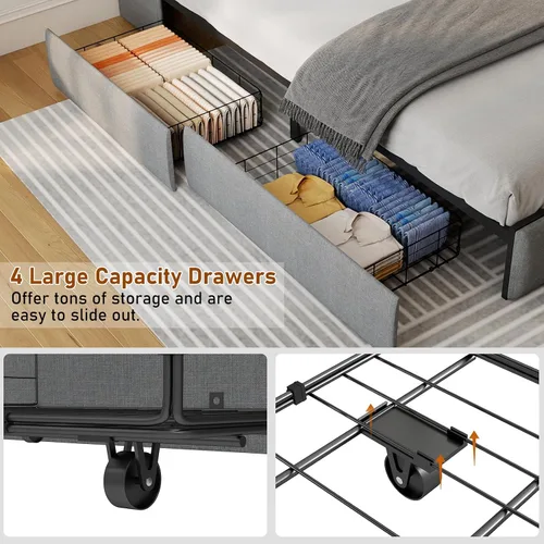 Miniatura 6 de SADENICEL Base de cama de tamaño completo con cabecera de almacenamiento y 4 cajones, plataforma de base de cama de metal completo con luz LED