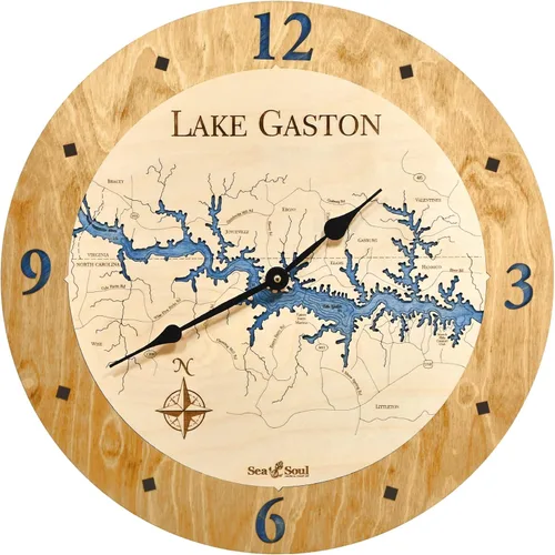 Miniatura 8 de Sea & Soul Lake Gaston Reloj náutico con mapa de madera 3D, reloj de profundidad de agua tallada en arte del lago, reloj de pared único, decoración