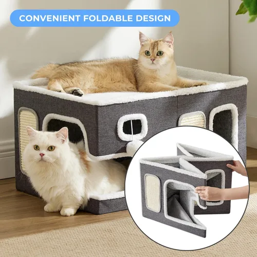 Miniatura 4 de ZOMISIA Casa Extra-Ancha para Gatos de Interior – Casa Grande para Gatos para Mascotas con Pompón Colgante y Almohadilla Rascadora, Refugio Plegable