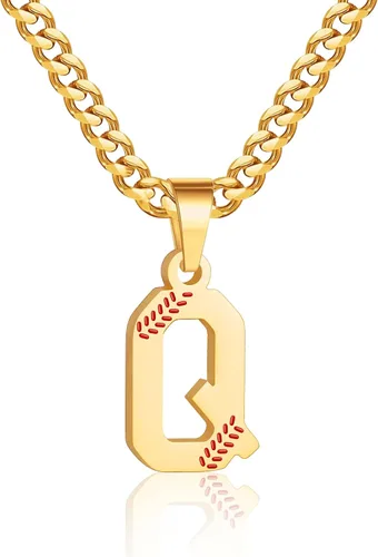 Miniatura 16 de Avotto Collar de béisbol con letra inicial de la A a la Z para niños y hombres, cadena cubana de acero inoxidable resistente que no se decolora
