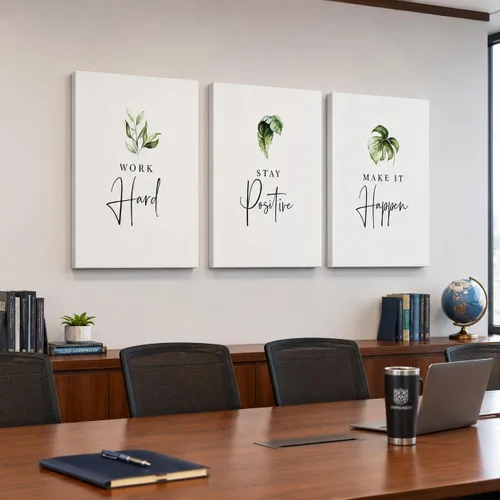 Miniatura 59 de Arte de pared inspirador de 3 piezas, imagen de refranes de plantas blancas, citas de trabajo y estadía, impresiones en lienzo para decoración