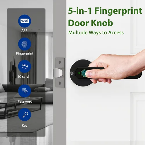 Miniatura 2 de Cerradura de puerta de huellas dactilares, perilla inteligente 5 en 1 con asa, entrada biométrica sin llave con teclado y aplicación para puertas