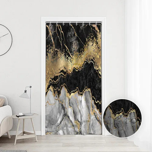 Cortina de ducha pequeña de mármol negro y blanco, cortina de ducha con purpurina dorada, textura estética abstracta con pintura de gouache, cortina