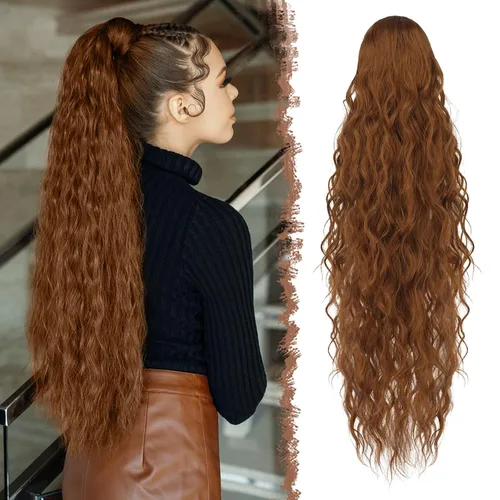 Miniatura 18 de FESHFEN Extensiones de cola de caballo – 26 pulgadas cordón largo rizado ondulado clip en colas de caballo pelo sintético extensiones de cola