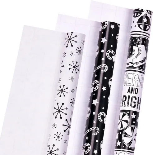 Miniatura 7 de LeZakaa Mini rollo de papel de regalo de Navidad, diseño de campana y árbol/bastones de caramelo/copos de nieve, blanco y negro, para envolver