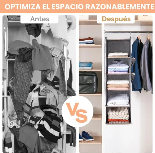 Miniatura 6 de BOOMIBOO Organizador de armario colgante y estantes, 5 estantes colgantes con 2 bolsillos laterales, almacenamiento plegable (gris)
