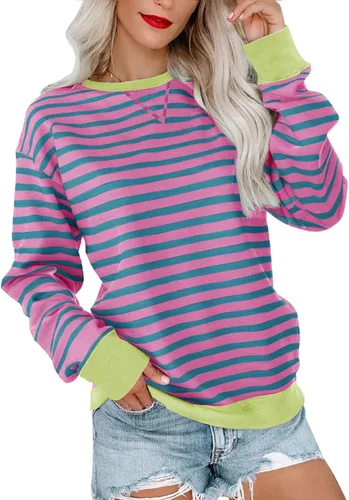 Miniatura 24 de Bingerlily Sudadera casual de manga larga para mujer, cuello redondo, linda sudadera pullover de ajuste relajado, tops Azul