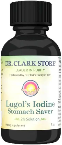 Protector de estómago de Dr. Clark Store, contiene yodo Lugol al 2% de yodo granular – 1 onza líquida con un cuentagotas y tapa de cono para viajar
