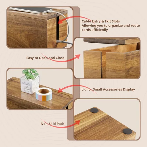 Miniatura 5 de Caja organizadora de cables de madera de acacia, caja organizadora de cables, 2 ranuras abiertas, organizador de cables para debajo del escritorio