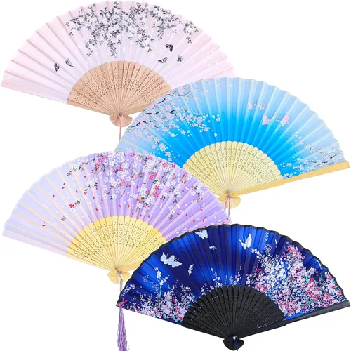 Miniatura 10 de Aneco 4 ventiladores plegables de mano, abanicos de tela de seda, abanicos de mano para bodas, fiestas, regalos, decoración de pared