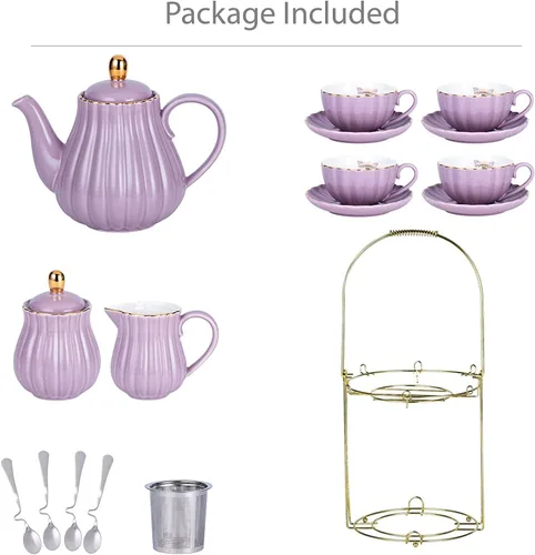Miniatura 2 de Jusalpha Fine China Juego de Taza de Café/Taza de Té Morada de 8 OZ, Platillo, Cucharas, Tetera y Cremera, 17 Piezas (Juego FD-TW17PC, Morado)