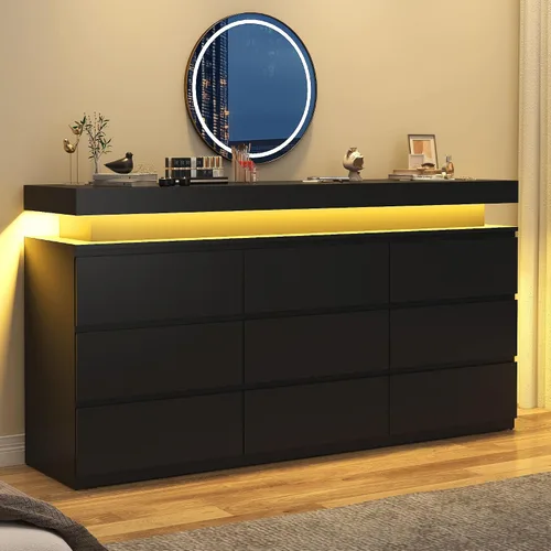Miniatura 7 de chartustriable Cómoda de 9 cajones con luz LED, cómoda moderna para armario, gabinete organizador de cajones de 63 pulgadas de ancho