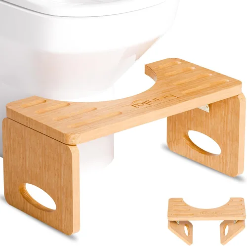 Miniatura 7 de Beinilai Taburete de inodoro plegable para adultos, taburete de 7 pulgadas para baño, orinal de bambú para adultos con tira antideslizante (marrón)