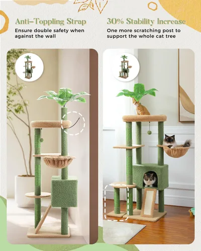 Miniatura 2 de PEQULTI - Árbol para gatos de 53 pulgadas para interiores, condominio grande, postes de rascado de sisal, hamaca y percha, diseño de cactus fresco