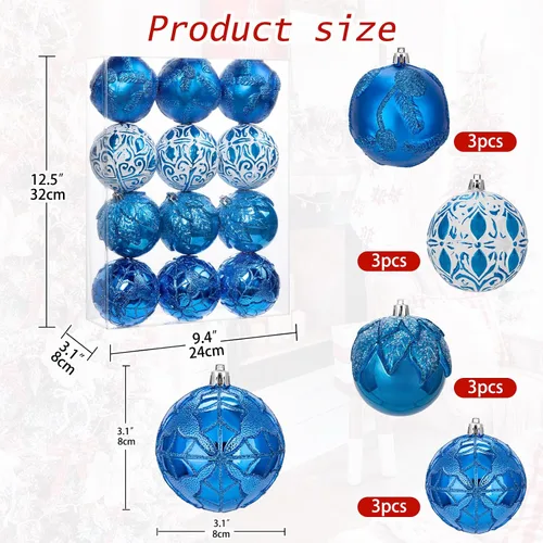 Miniatura 2 de Hollyone Adornos de bola de Navidad de 3.15 pulgadas / 80 mm, azul, 12 piezas, irrompibles, juego de adornos en relieve para árbol de Navidad